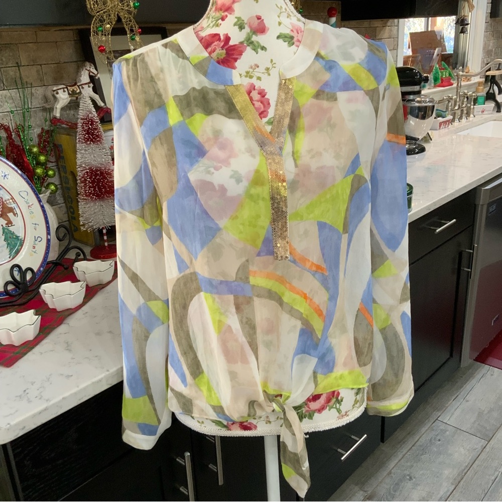 Chico’s Long Sleeve Sheer Tie Front Long Sleeve Sequin Neckline Blouse
Medium